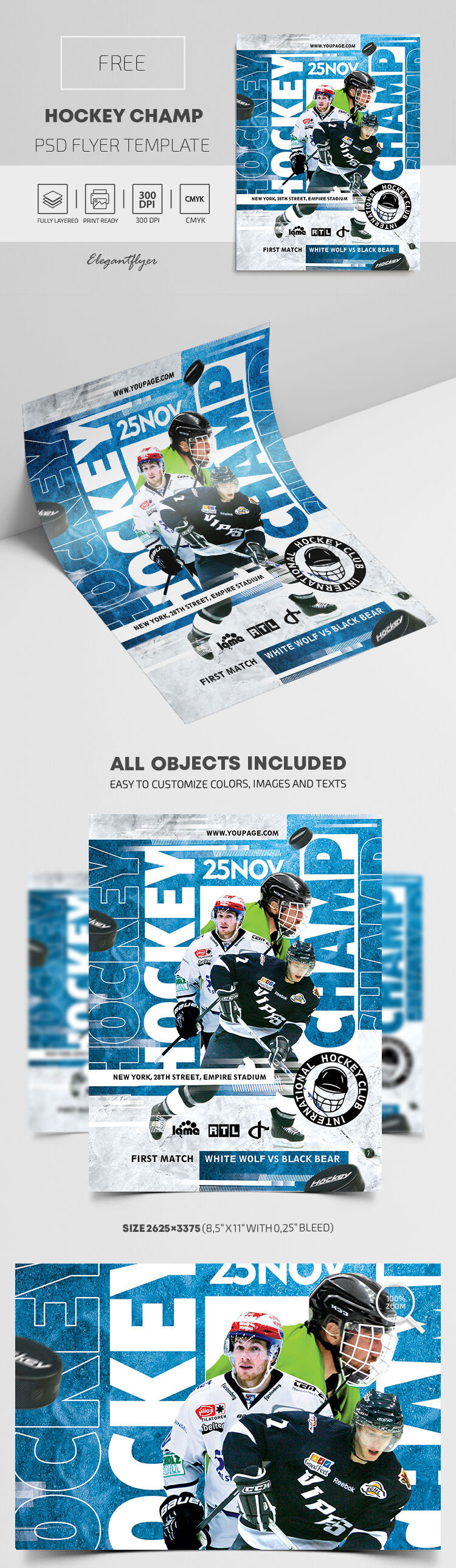 Bold Blue Hockey Championship Flyer Template FREE PSD