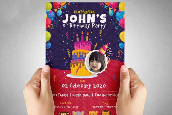 Border Illustrated Kids Birthday Party Invitation Flyer Template FREE PSD