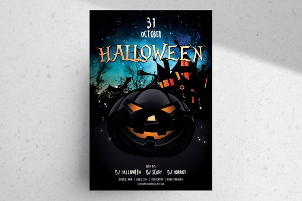 Dark, Illustrated, Spooky Halloween Party Flyer Template FREE PSD