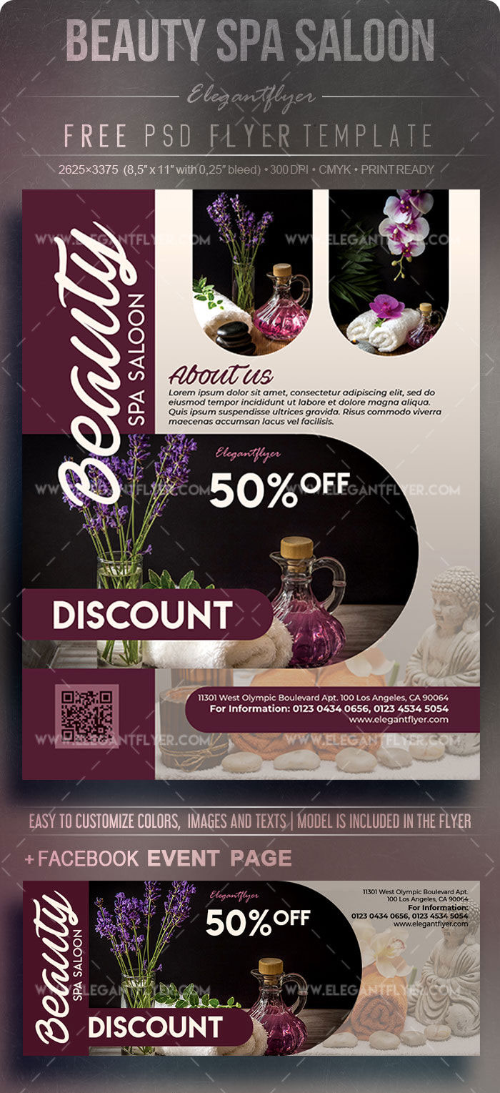Dark Purple, Cream, Modern Spa Salon Flyers and Facebook Cover Templates FREE PSD