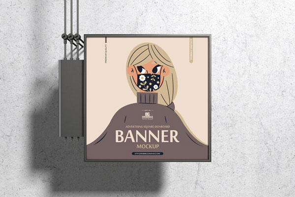Front View Advertising Square Signboard Banner Mockup FREE PSD