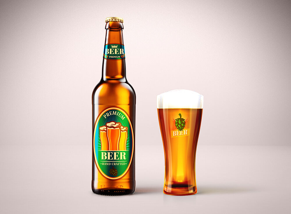 Front View Blonde Beer Bottle Next to Glass Mockup FREE PSD