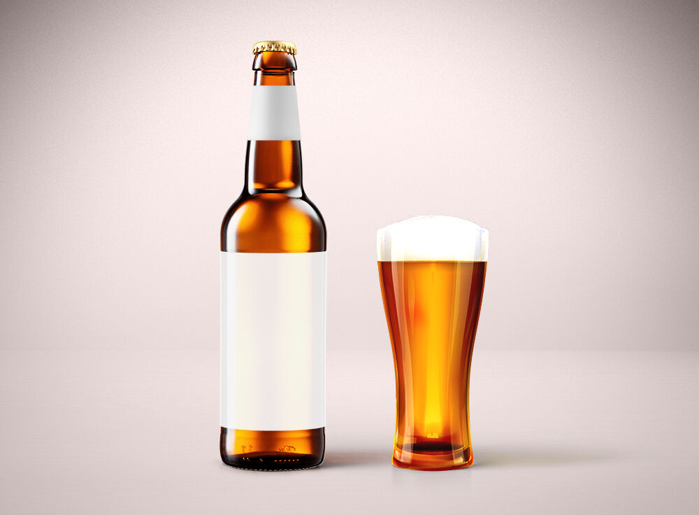 Front View Blonde Beer Bottle Next to Glass Mockup FREE PSD