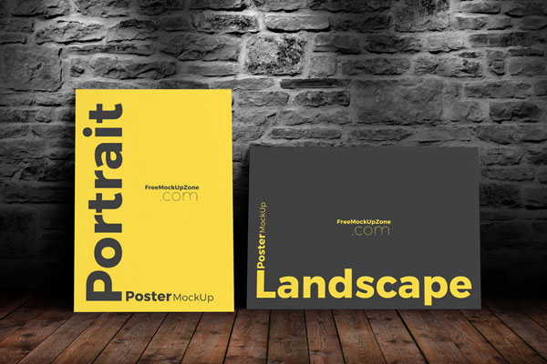 Front-View Landscape and Portrait Posters Leaning Against the Wall Mockup FREE PSD