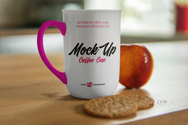 Front View of Mug Mockup on Wooden Table FREE PSD