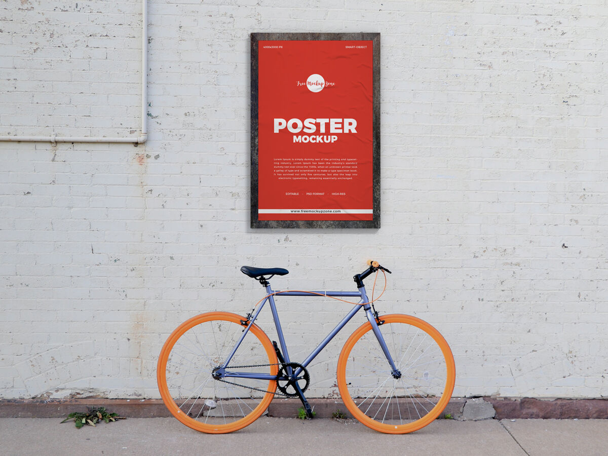 Front View of Street Wall Mounted Poster Mockup with Bicycle FREE PSD