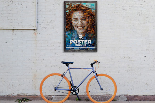 Front View of Street Wall Mounted Poster Mockup with Bicycle Free ...