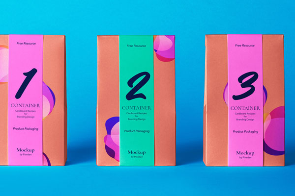 Front View of Three Classic Cardboard Pouch Packaging Mockup FREE PSD