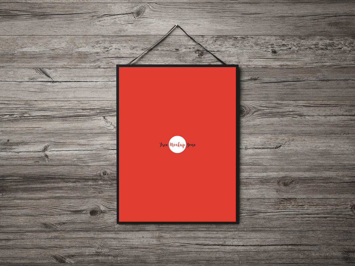 Front View Poster Hanging on Wooden Wall Mockup (FREE) - Resource Boy