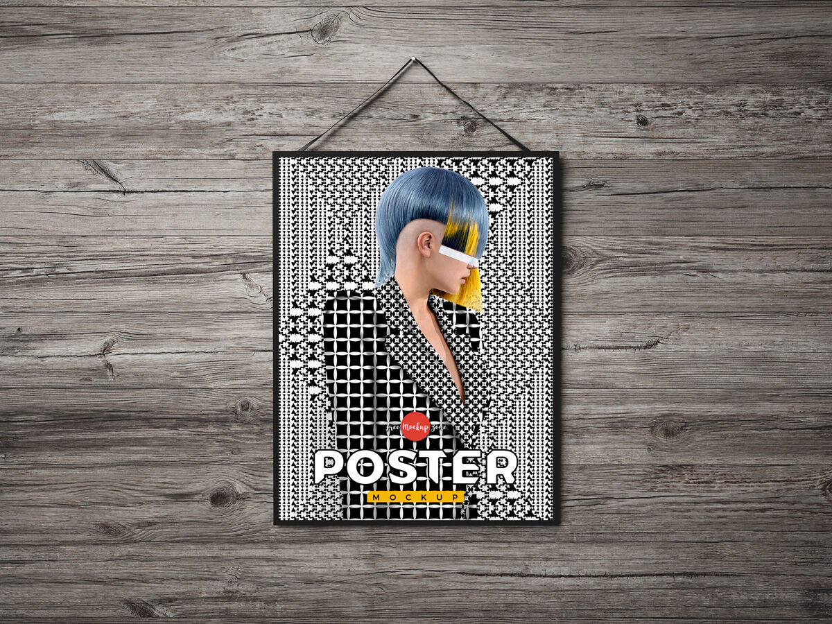 Front View Poster Hanging on Wooden Wall Mockup FREE PSD