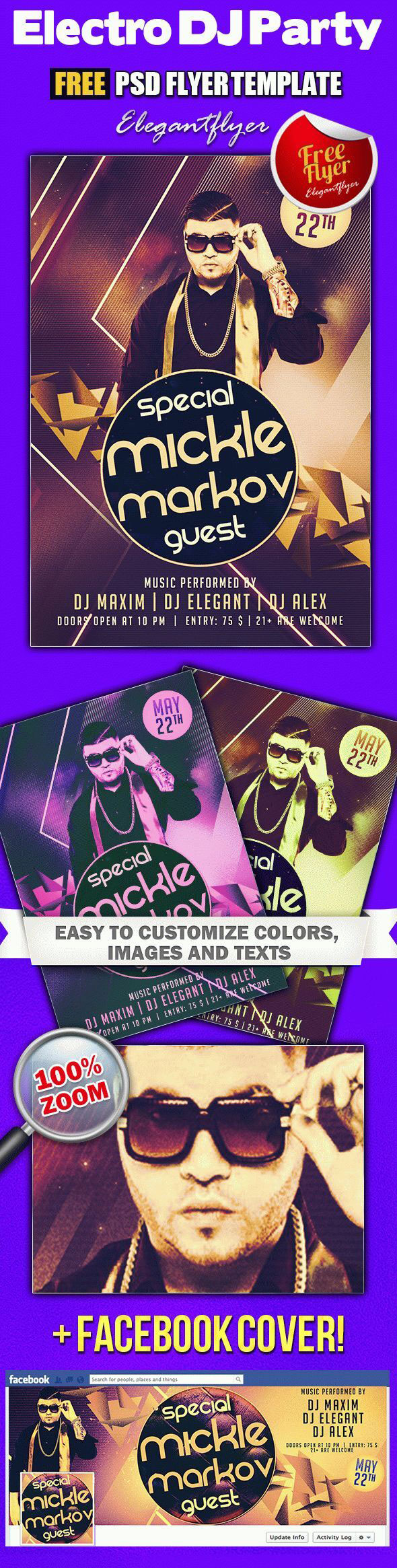 Geometric DJ Music Event Flyer Along with Facebook Cover Templates FREE PSD