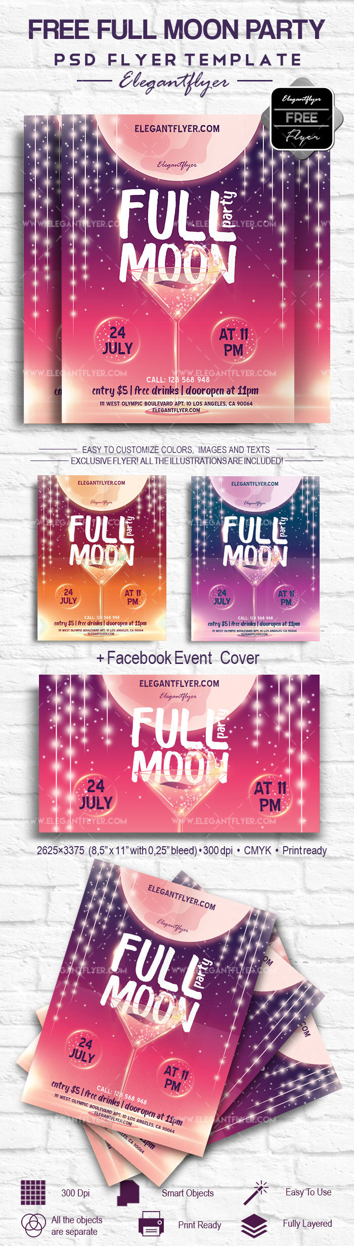 Glittering, Illustrated Full Moon Party Flyer and Facebook Cover Templates FREE PSD