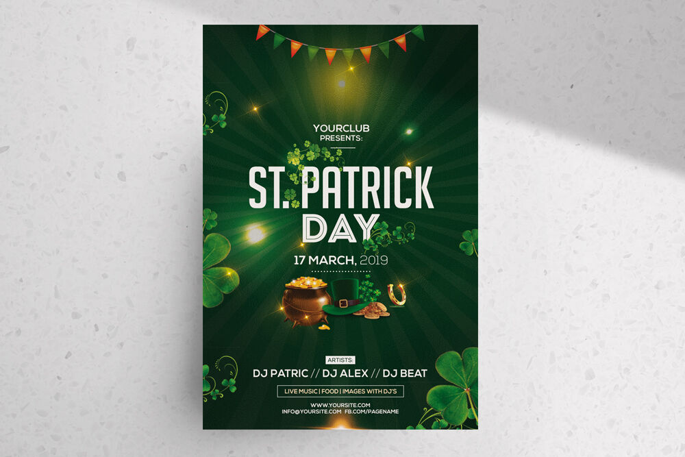 Green, Sparkling, 3D Saint Patrick's Day Party Flyer Template FREE PSD