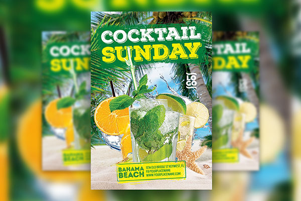 Green, Yellow, Tropical Cocktail Party Flyer Template FREE PSD