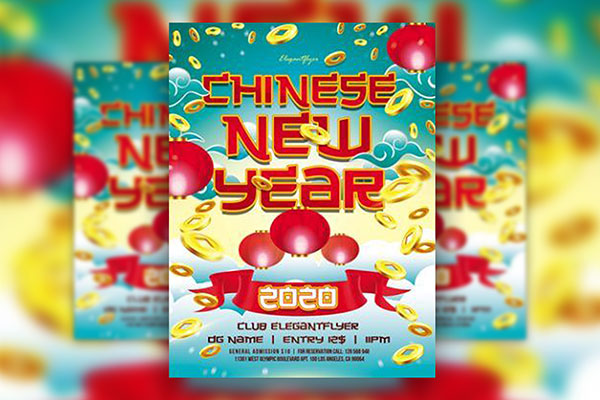 Illustrated Blue Chinese New Year Flyer Template FREE PSD