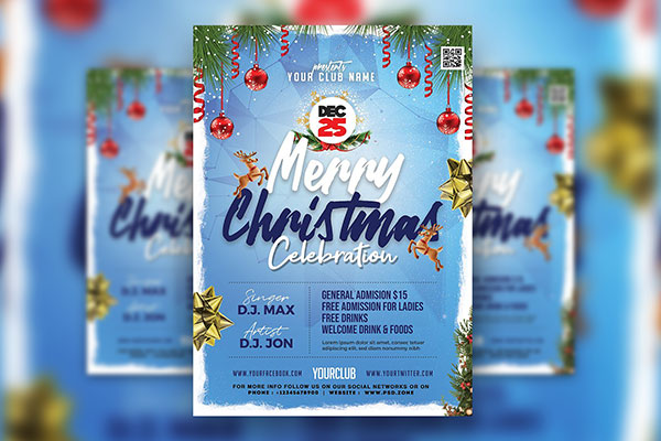 Illustrated, Blue Christmas Event Flyer Template FREE PSD