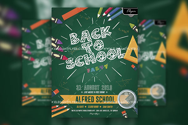 Illustrated Border Back To School Party Flyer and Facebook Templates FREE PSD