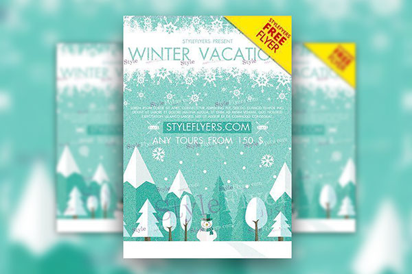 Illustrated, Snowy Winter Vacation Flyer Template FREE PSD