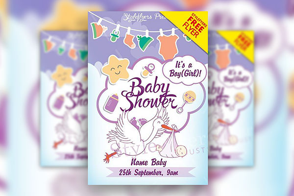 Illustrated Stork and Star Baby Shower Flyer Template FREE PSD