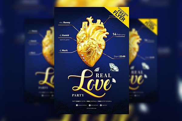 Luxury Valentine’s Day Party Flyer Template with Deep Blue Background FREE PSD