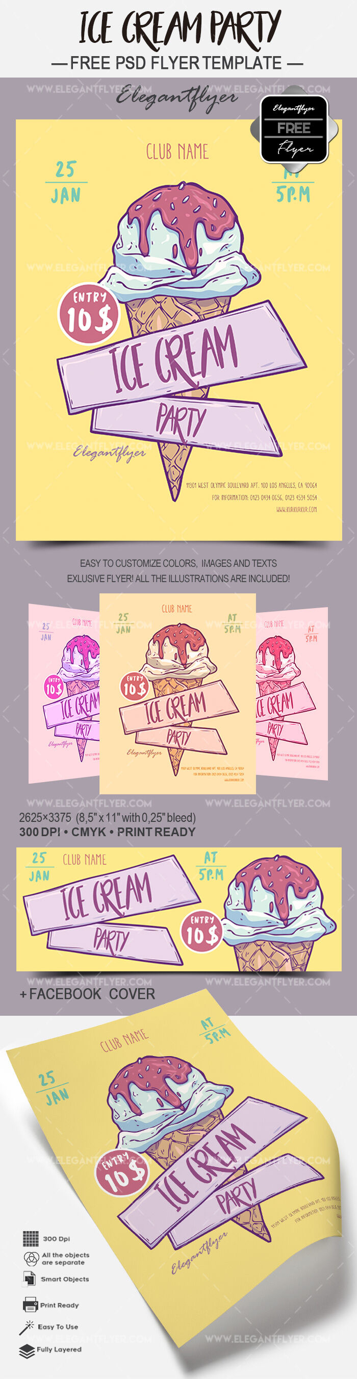 Minimalistic Illustrative Ice Cream Party Flyer and Facebook Cover Template FREE PSD