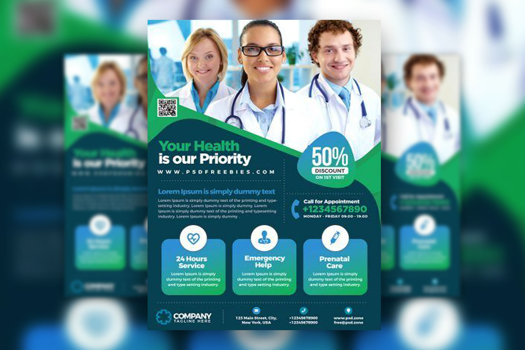 Modern Blue and Green Medical and Health Clinic Flyer Template FREE PSD