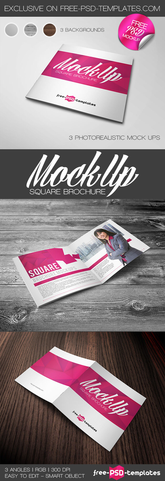 Perspective View of Three Square Brochure Mockups FREE PSD