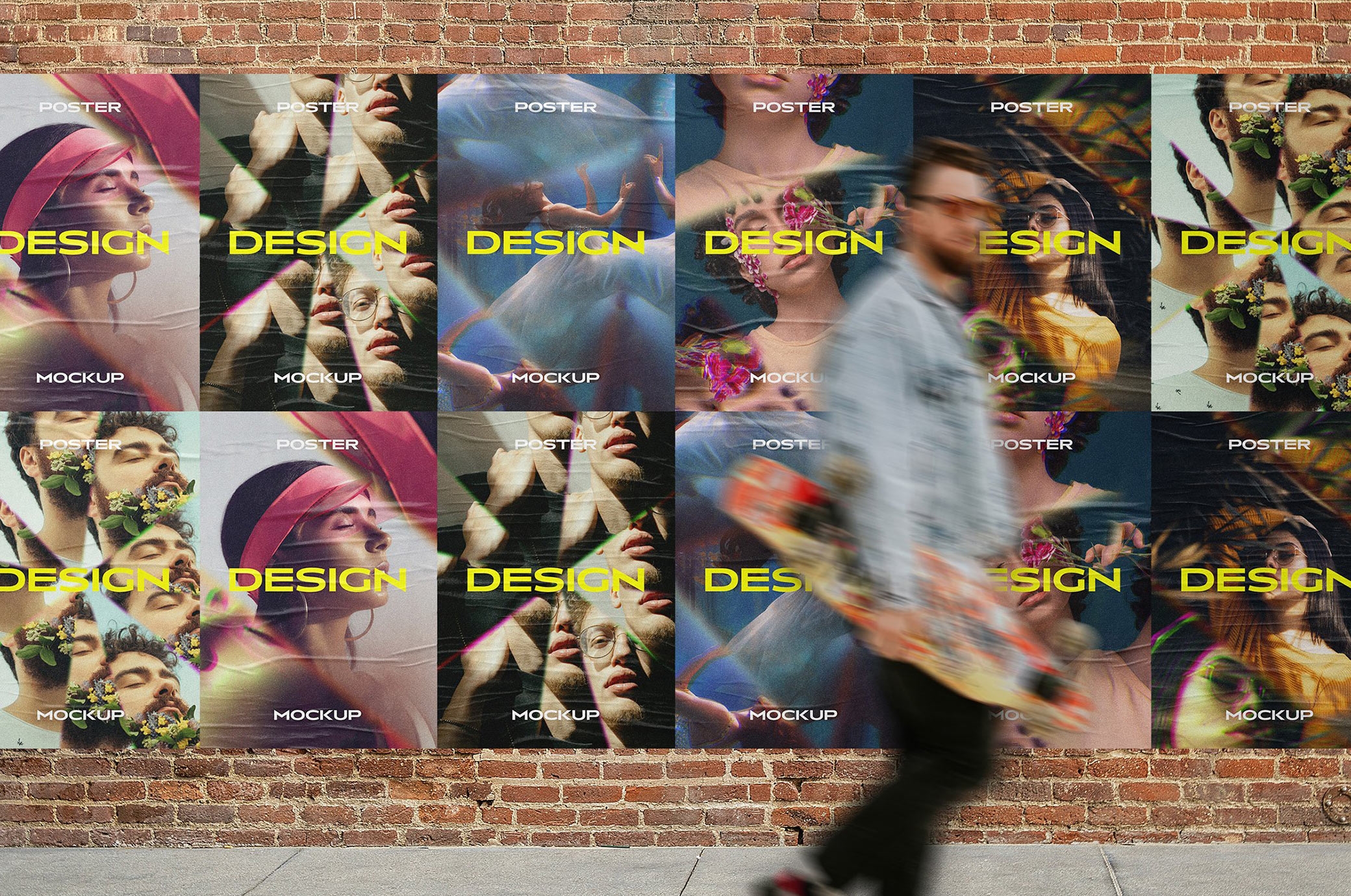 Posters on a Brick Wall Mockup with an Outdoor View FREE PSD