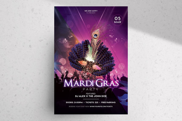 Purple, Black, Modern Mardi Gras Party Flyer Template FREE PSD
