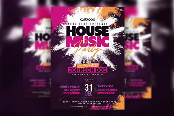 Purple Color-Splash Music Party Flyer Template FREE PSD