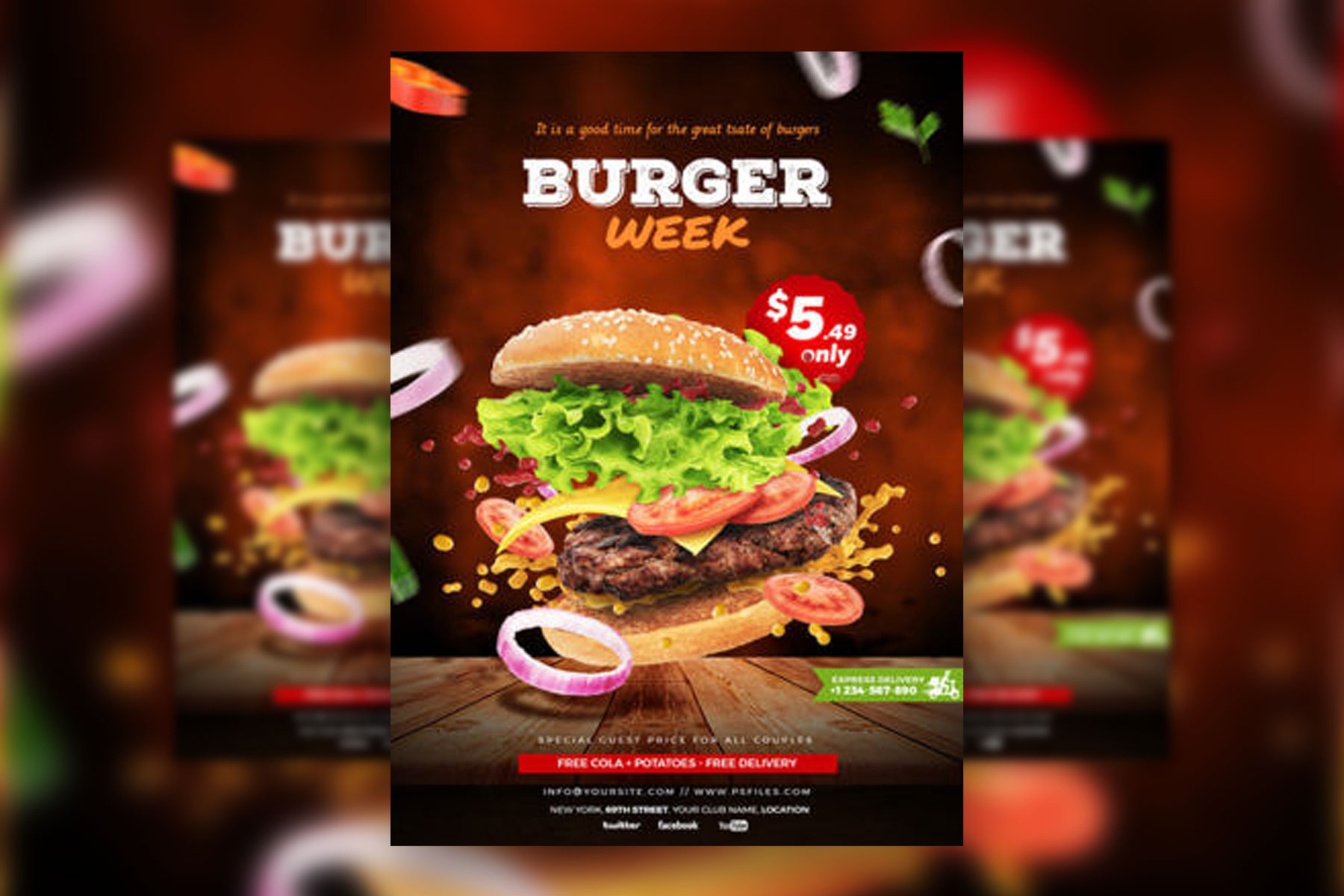 Red, Modern, 3D Burger House Flyer Template FREE PSD