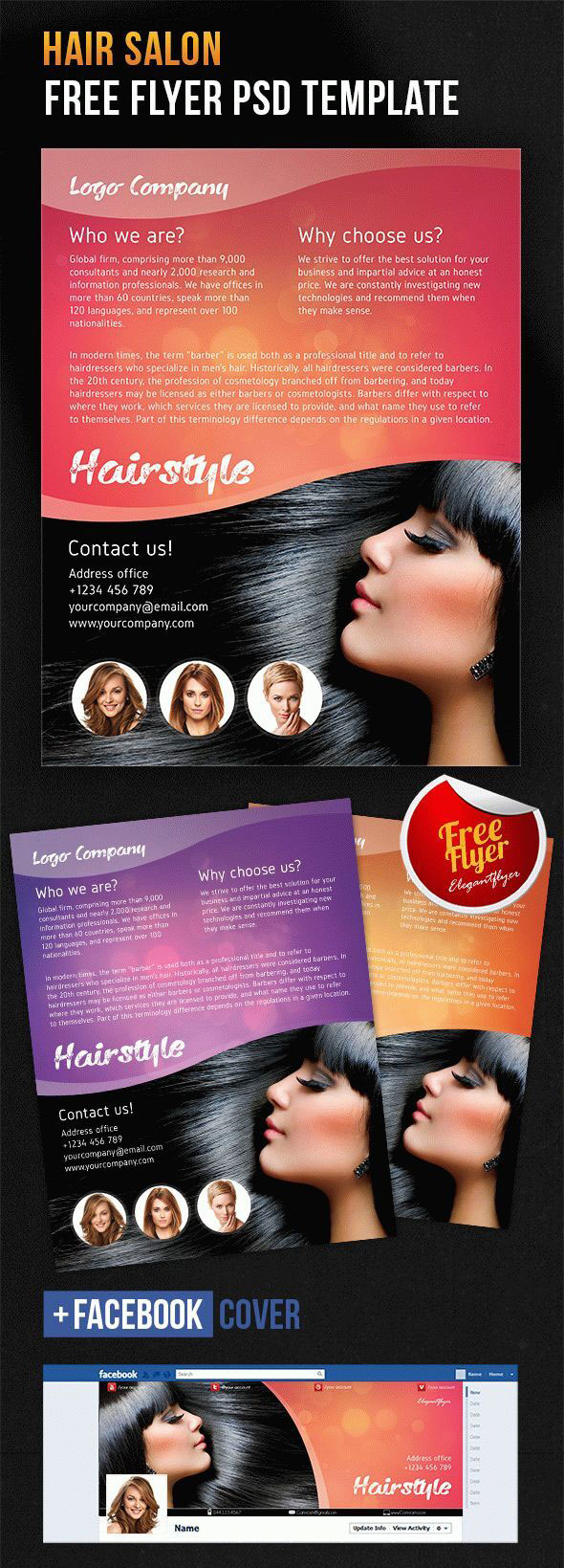 Simple Infographic Hair Salon Flyer Template and Facebook Cover FREE PSD