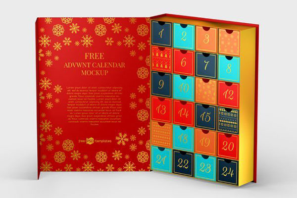 Three Book-Like Advent Calendar and Slide-Out Box Mockups FREE PSD