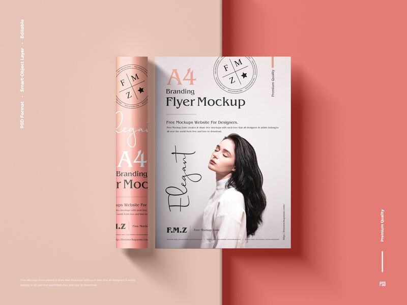 Top View 2 Rolled and Flat A4 Flyers Mockup FREE PSD