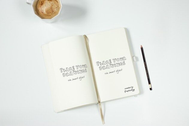 Top View of Open Notebook Mockup with Coffee Cup Free Download ...