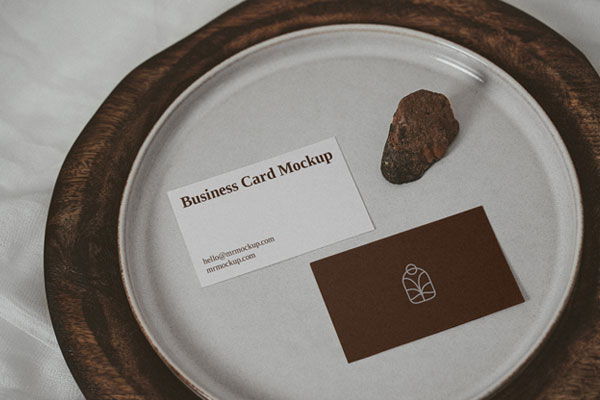 Two Business Cards on a Plate with a Little Rock Mockup FREE PSD