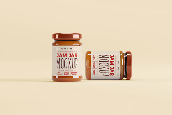 Two Jam Jars in Shrink Sleeves in the Front View Mockup FREE PSD