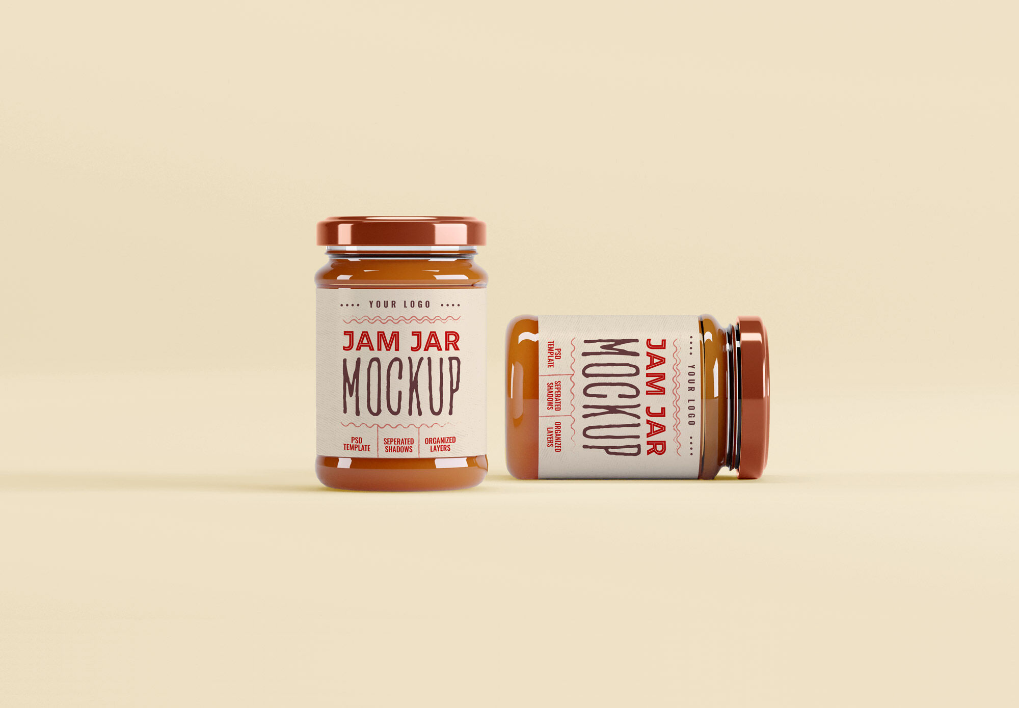 Two Jam Jars in Shrink Sleeves in the Front View Mockup Free Download