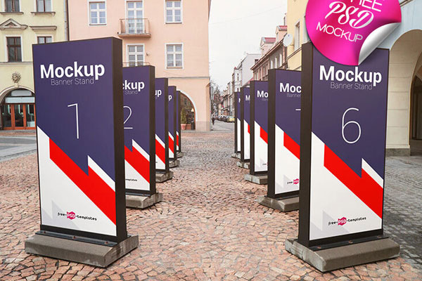 Two Rows of a Banner Stands Mockup with a Street View FREE PSD