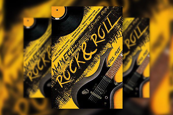 Yellow and black Grunge Rock and Roll Party Flyer Template FREE PSD