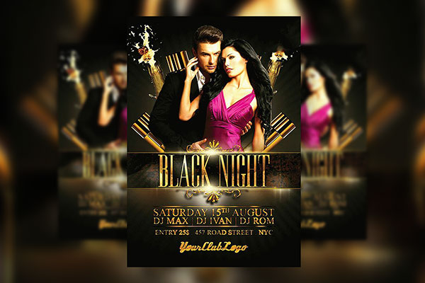Black, Golden, Luxurious Night Party Flyer and Facebook Cover Templates FREE PSD