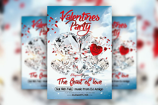 Blue, Crystal Heart Valentine's Day Party Flyer and Facebook Cover Templates FREE PSD
