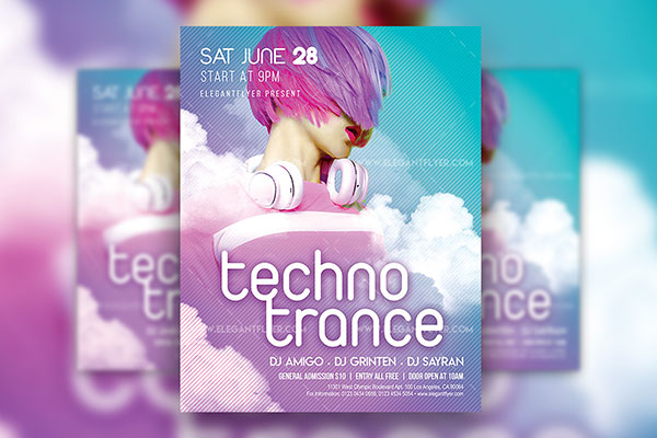 Blue, Purple, Cloudy Techno Party Flyer Along with Facebook Cover Templates FREE PSD