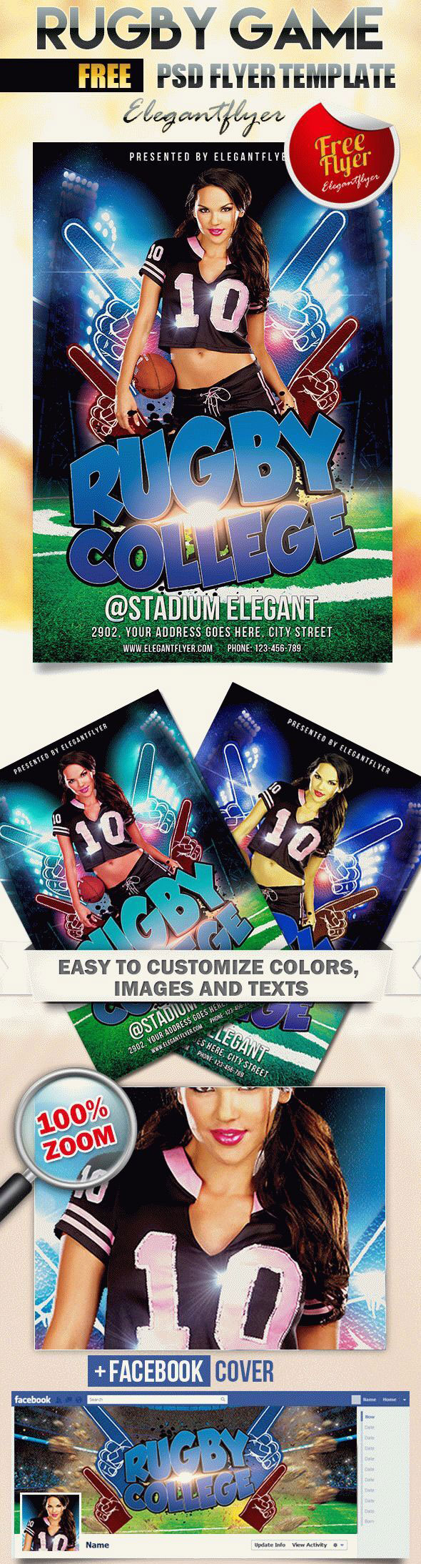 Bright Stadium Rugby Match Flyer and Facebook Cover Template FREE PSD