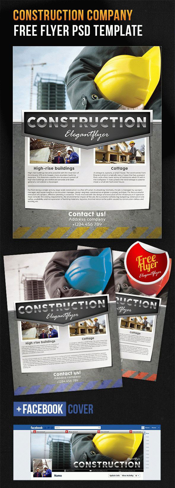 Corporate Photo Construction Company Flyer and Facebook Cover Template FREE PSD