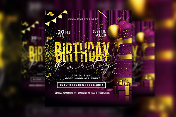 Dark Purple, Golden, Festive Birthday Party Flyer Templates Free ...