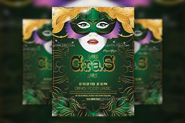 Elegant Illustrative Mardi Gras Party Flyer and Facebook Cover Template FREE PSD