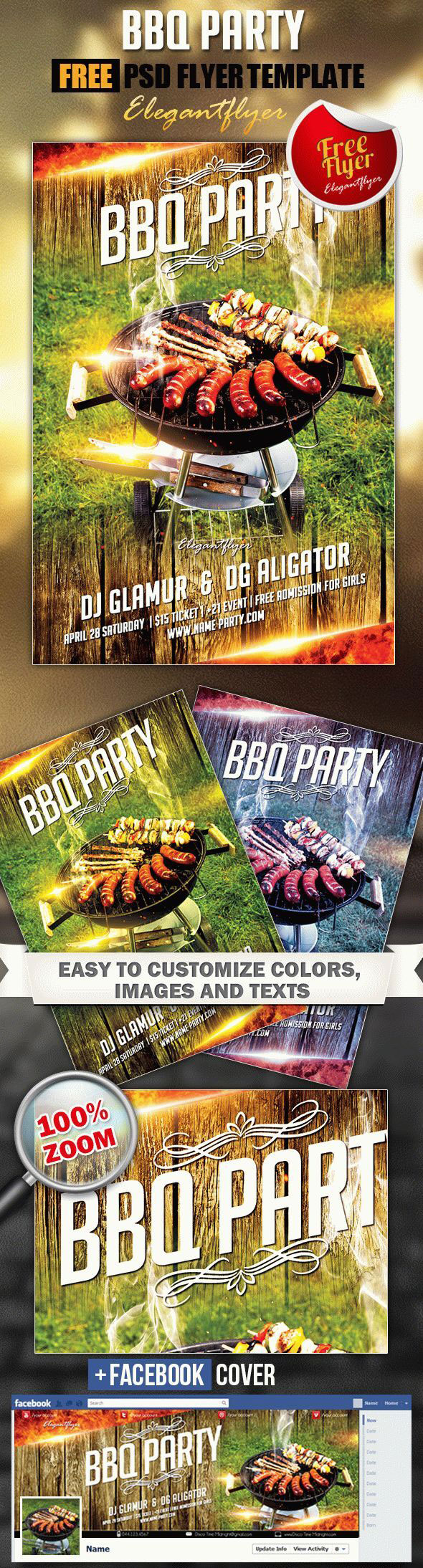 Forest BBQ Party Flyer Template and Facebook Cover FREE PSD
