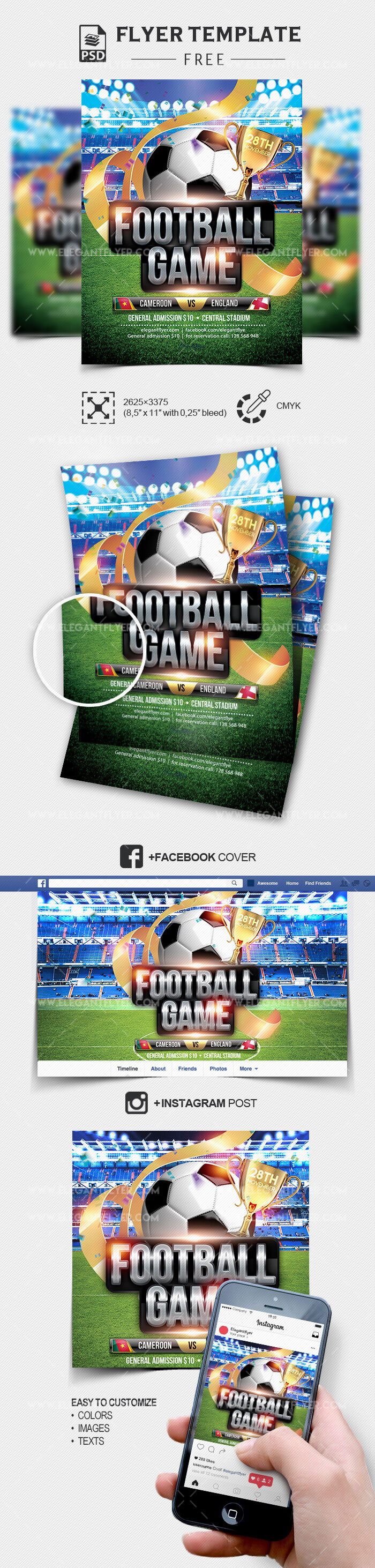 Glitter Football Game Flyer Template, Facebook Cover, and Instagram Post FREE PSD
