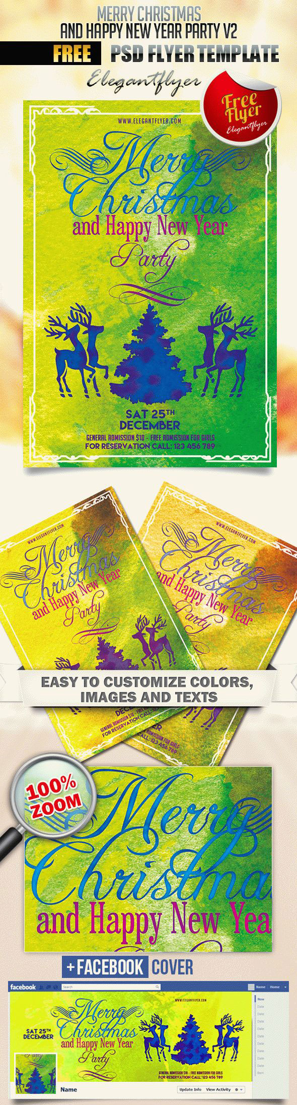Illustrative Reindeers Christmas Party Flyer and Facebook Cover Template FREE PSD